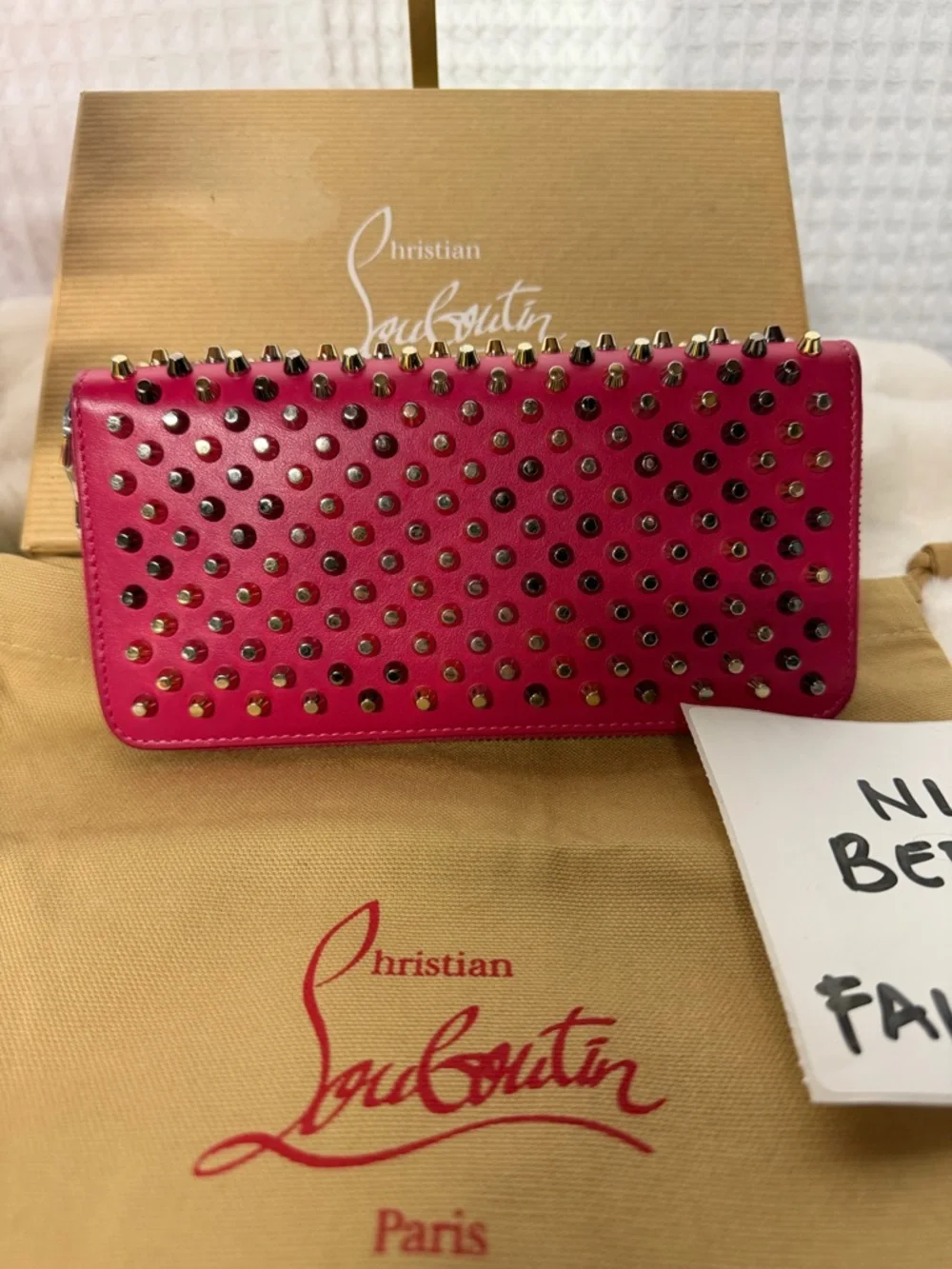 Christian Louboutin Studded Panettone Zip Around Wallet Pink Spiked Leather